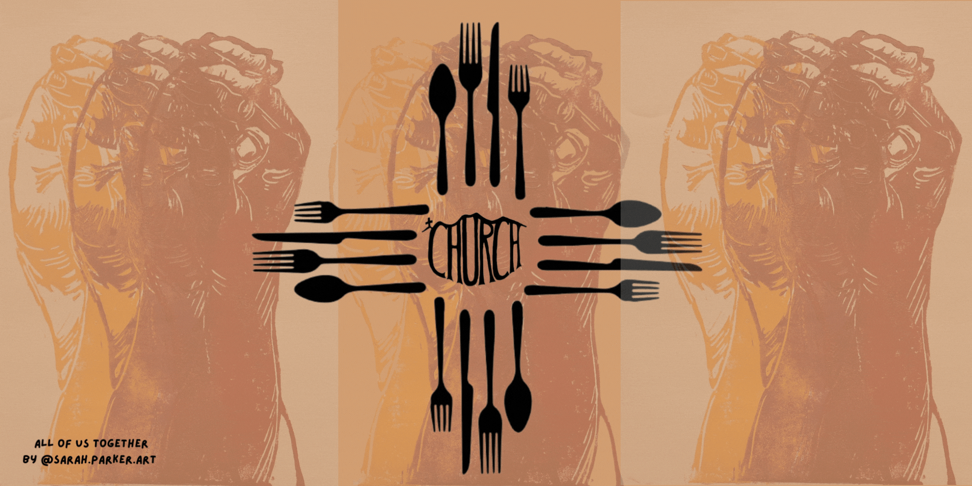 Church illustration with hands, forks and spoons